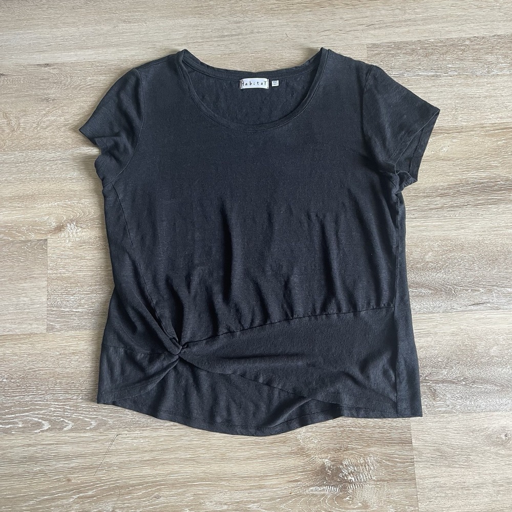 Habitat Clothes To Live In Black Linen T-Shirt Medium Knot Front Short Sleeves